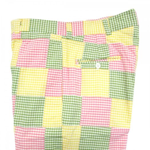 O'Connell's plain front Cotton Patch Madras Trouser - Green, Yellow & Pink Gingham (Patch #4)