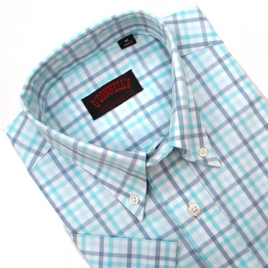 O'Connell's Short Sleeve Popover Shirt - Navy Turquoise Check