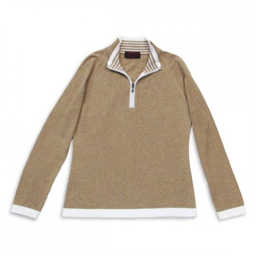 O'Connell's Women's Cotton Half Zip Knit Top - Oatmeal & Cream (3715)