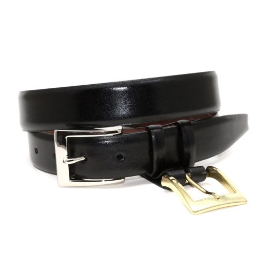 O'Connell's 32mm Calfskin 2-Buckle Drop Edge Belt - Black