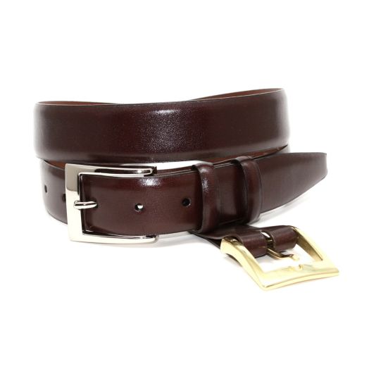 O'Connell's 32mm Calfskin 2-Buckle Drop Edge Belt - Brown