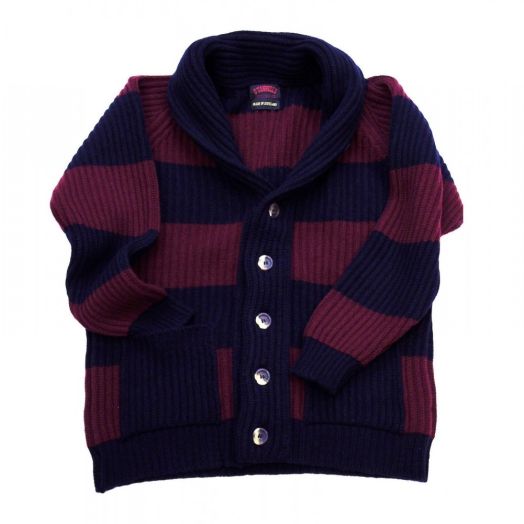 O'Connell's 8-ply Lambswool Shawl Collar Cardigan - Navy & Burgundy Stripe