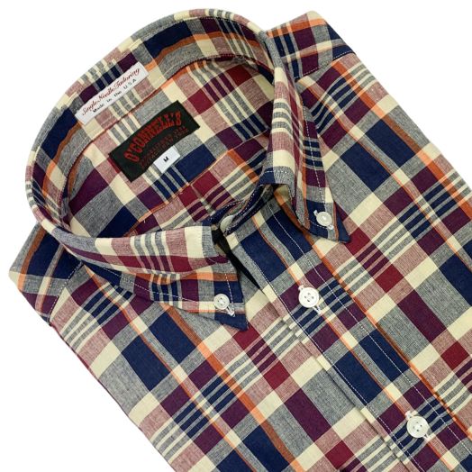 O'Connell's Authentic India Madras - Short Sleeve Popover Shirt - Navy, Buff, Burgundy & Orange (644)