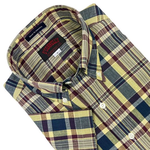 O'Connell's Authentic India Madras - Short Sleeve Popover Shirt - Navy, Butter & Burgundy (1)