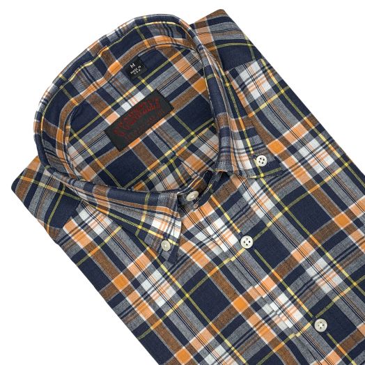 O'Connell's Authentic India Madras - Short Sleeve Popover Shirt - Navy, Orange, & Yellow (20-256)