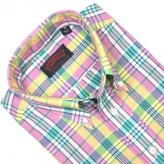 O'Connell's Authentic India Madras - Long Sleeve Popover Shirt - Pink, Green & Yellow (46)