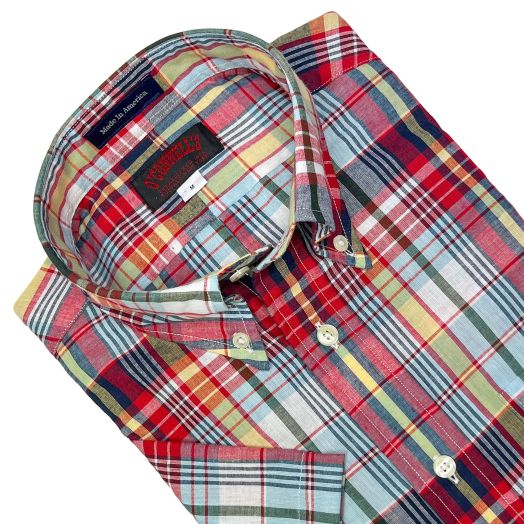 O'Connell's Authentic India Madras - Short Sleeve Shirt - Red, Sky, Yellow (120)