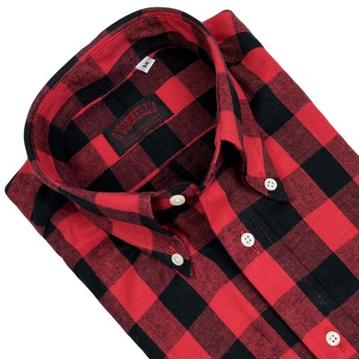 O'Connell's Button Down Long Sleeve Cotton Flannel Sport Shirt - Buffalo Plaid - Red & Black