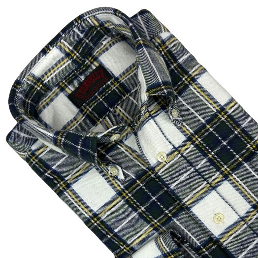 O'Connell's Button Down Long Sleeve Cotton Flannel Sport Shirt - Navy, White, Green & Yellow Plaid
