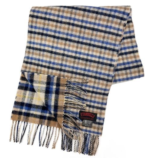 O'Connell's Cashmere & Lambswool Reversible Scarf - Tan, Blue & Navy Shepherds Check (111275)