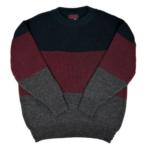 O'Connell's Chunky Merino Wool Crewneck Sweater - Block Stripe - Black, Burgundy, & Charcoal