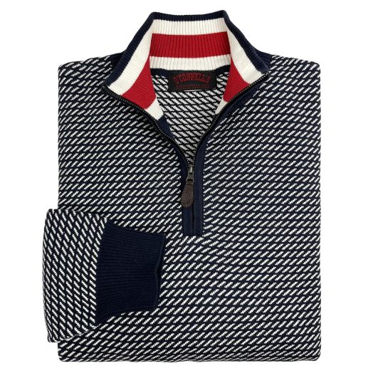 O'Connell's Cotton Knit Zip Mock Sweater - Dashes - Navy & Cream
