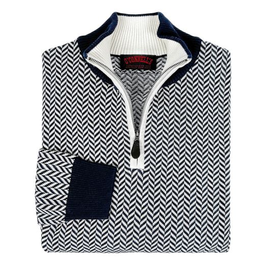 O'Connell's Cotton Knit Zip Mock Sweater - Herringbone - Navy