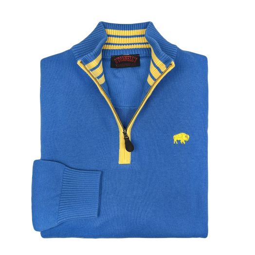 O'Connell's Cotton Knit Zip Mock Sweater with Buffalo - Blue with Yellow