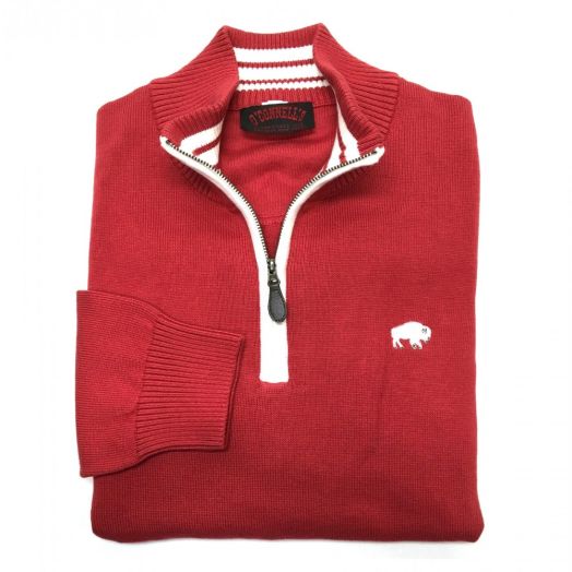 O'Connell's Cotton Knit Zip Mock Sweater with Buffalo - Crimson with White