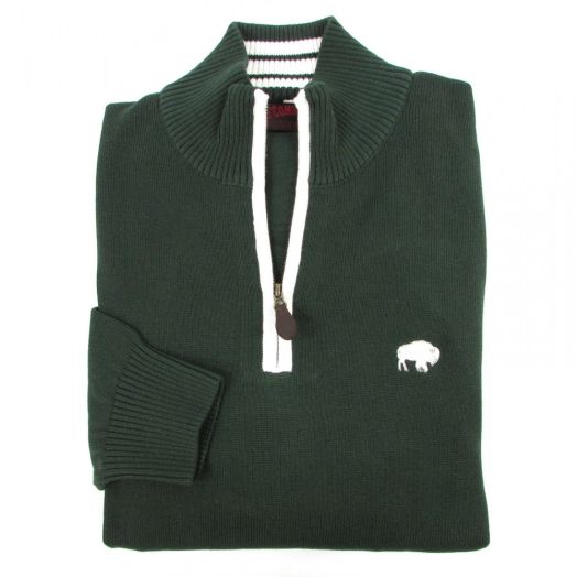 O'Connell's Cotton Knit Zip Mock Sweater with Buffalo - Green with White