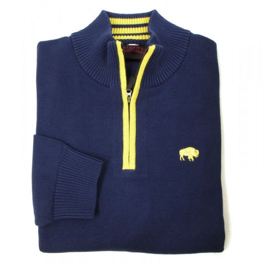O'Connell's Cotton Knit Zip Mock Sweater with Buffalo - Navy with Gold
