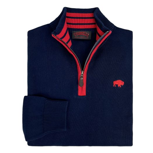 O'Connell's Cotton Knit Zip Mock Sweater with Buffalo - Navy with Red