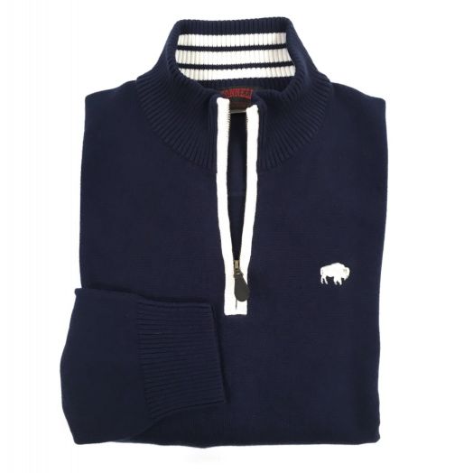 O'Connell's Cotton Knit Zip Mock Sweater with Buffalo - Navy with White
