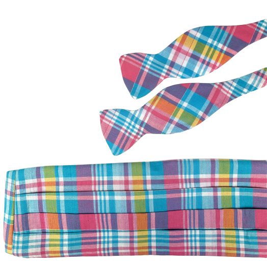 O'Connell's Cotton Madras Cummerbund & Bow Tie Set - Aqua & Pink(118826)