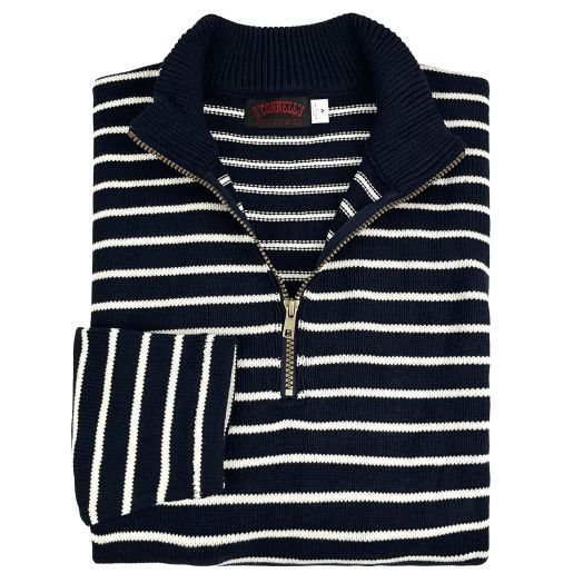 O'Connell's Cotton Quarter Zip Sweater - Navy & White Stripe