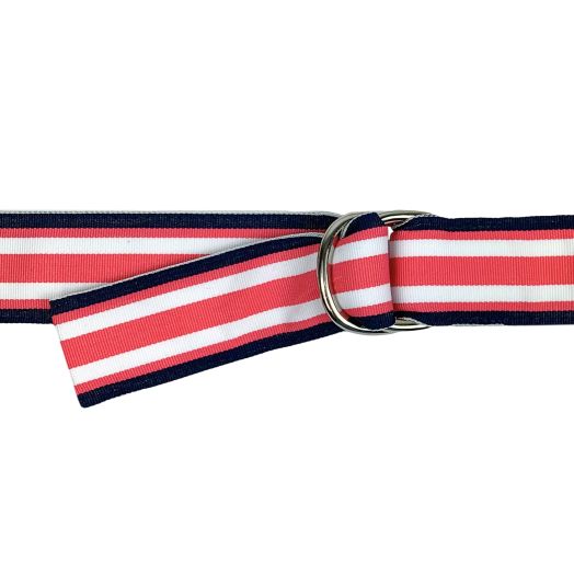 O'Connell's D-Ring Ribbon Belt - Navy, Pink & White Stripe