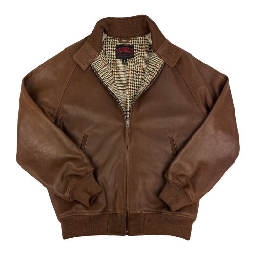 O'Connell's Destroyer Goatskin Baracuta - British Tan with Harris Tweed Glen Plaid Lining