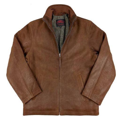 O'Connell's Destroyer Goatskin Biker Jacket - British Tan with Harris Tweed Olive Herringbone Lining