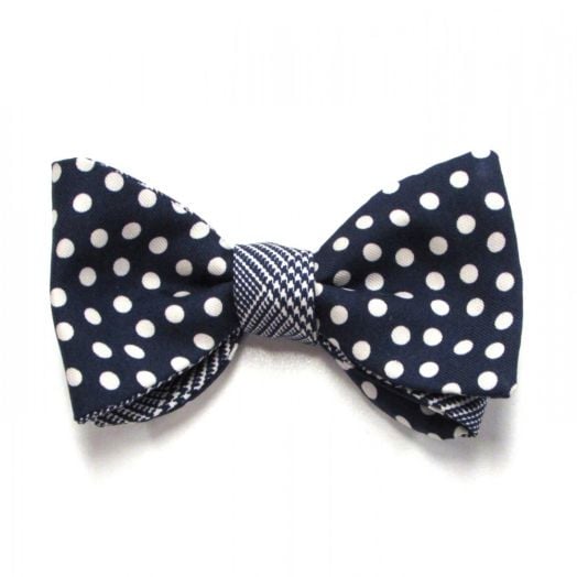 O'Connell's Double Sided Printed Silk Bow Tie - Navy & White Polka Dot & Plaid (79794)