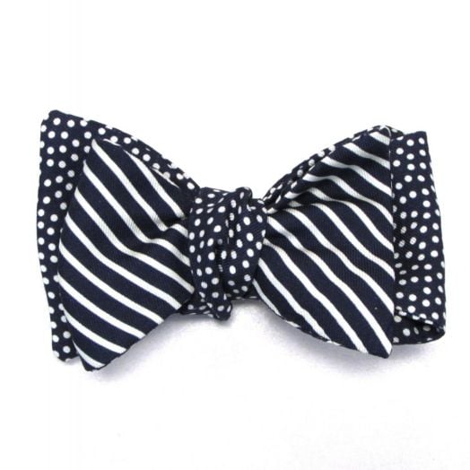 O'Connell's Double Sided Printed Silk Bow Tie - Navy & White Small Stripe & Polka Dot (72045)