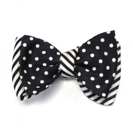 O'Connell's Double Sided Silk Bow Tie - Black & White Stripe & Polka Dot (70156)