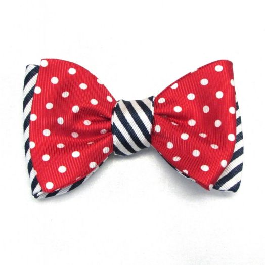 O'Connell's Double Sided Silk Bow Tie - Navy & White Stripes with Red & White Polka Dots (70154)