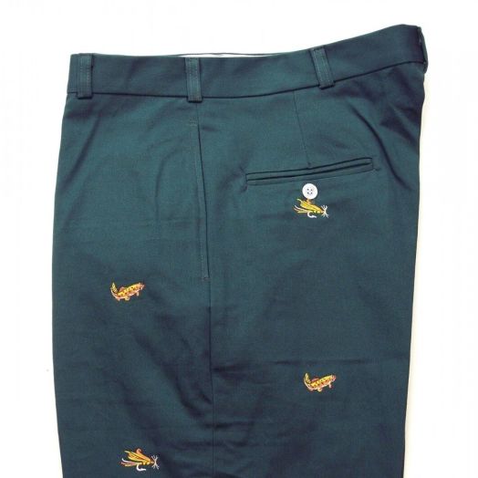 O'Connell's Embroidered Cotton Twill Trousers - Trout & Flies on Dark Green