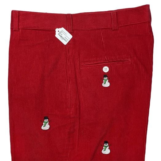 O'Connell's Embroidered Corduroy Trousers - Snowmen on Red