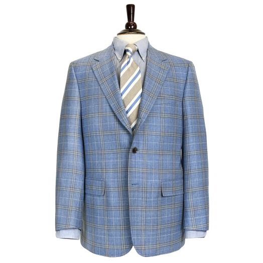 O'Connell's High-Twist Wool Panama Weave Sport Coat - Blue with Brown Plaid