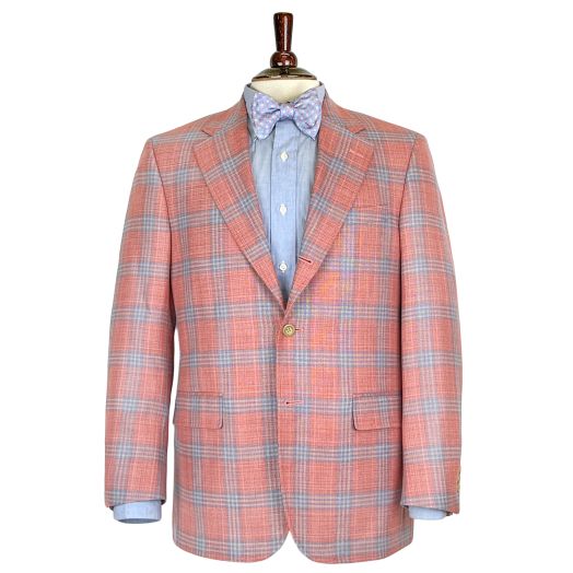 O'Connell's High-Twist Wool Panama Weave Sport Coat - Strawberry with Blue Plaid