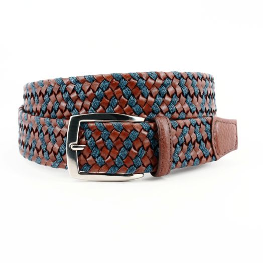 O'Connell's Italian Braided Leather & Linen Belt - Cognac & Navy