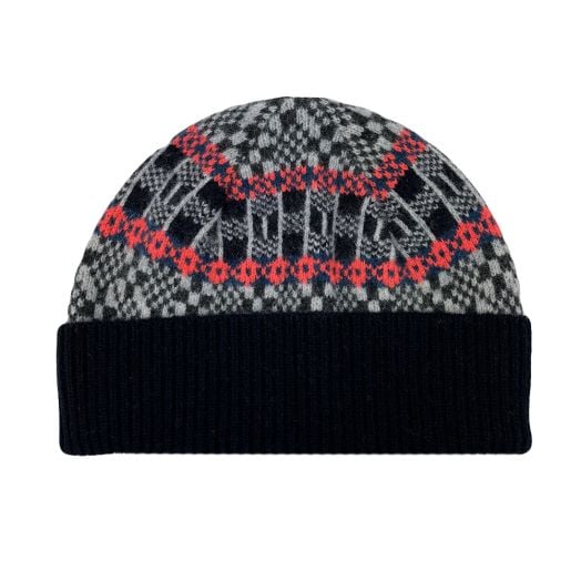 O'Connell's Lambswool Fair Isle Cap - Navy, Grey & Coral Red (106650)