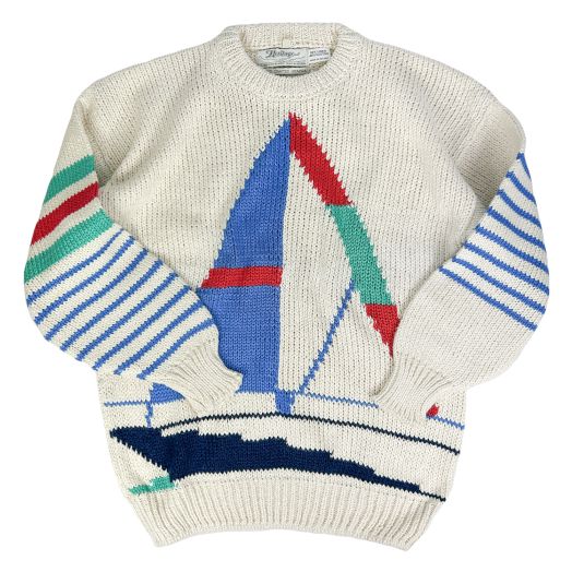 O'Connell's Linen & Cotton Intarsia Crewneck - Sailboats - Cream