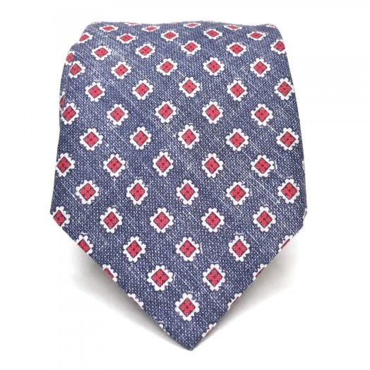 O'Connell's 3¼" Linen Necktie - Print - Navy with Red (88243)