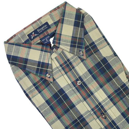 O'Connell's Long Sleeve Cotton Broadcloth Sport Shirt - Tan & Navy Plaid