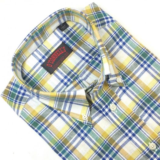O'Connell's Long Sleeve Linen & Cotton Sport Shirt - Green Yellow Plaid