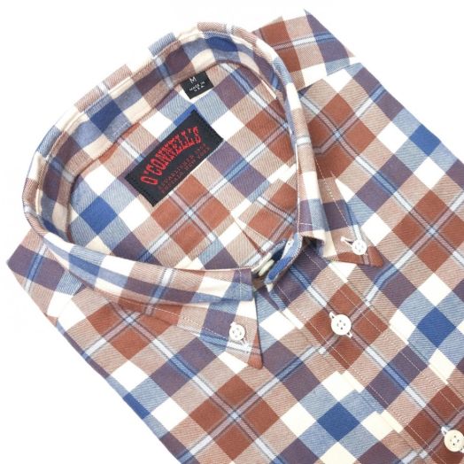 O'Connell's Long Sleeve Sport Shirt - Lightweight Cotton Flannel - Rust & Blue