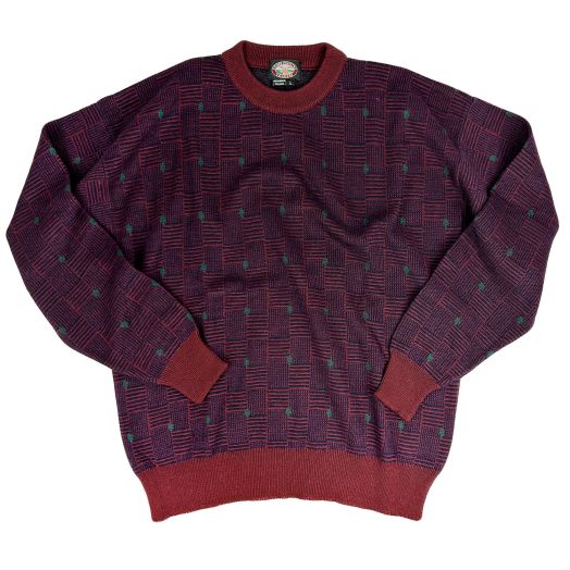 O'Connell's Merino Wool Crewneck Sweater - Burgundy, Navy & Teal Basketweave