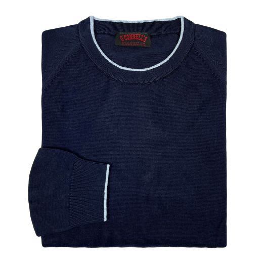 O'Connell's Pima Cotton Crewneck Sweater - Tipped Collar & Cuffs - Navy