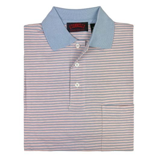O'Connell's Pima Cotton Knit Striped Polo Shirt - Sky & Soft Pink (34)