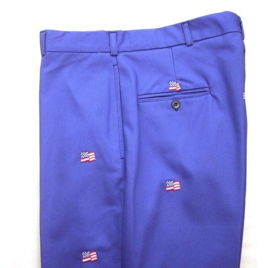O'Connell's plain front Embroidered Cotton Twill Trousers - Flags on Blue