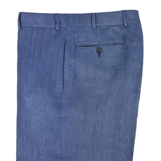 O'Connell's Plain Front Linen Trousers - Herringbone - Blue