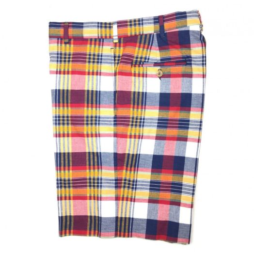 O'Connell's Plain Front Madras Bermuda Shorts - Red Navy Gold