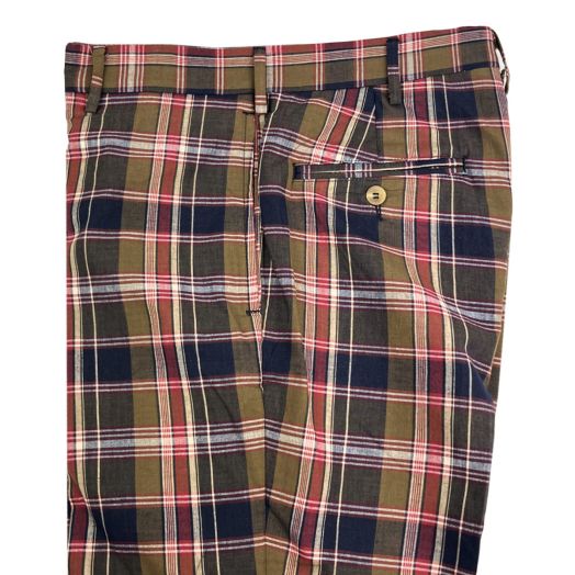 O'Connell's Plain Front Madras Trousers - Brown-Olive, Navy & Red (318)